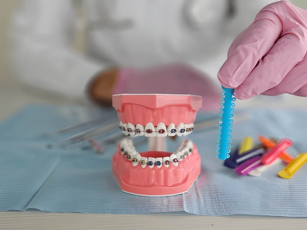 Dental model with colorful braces shown by a gloved dental professional.